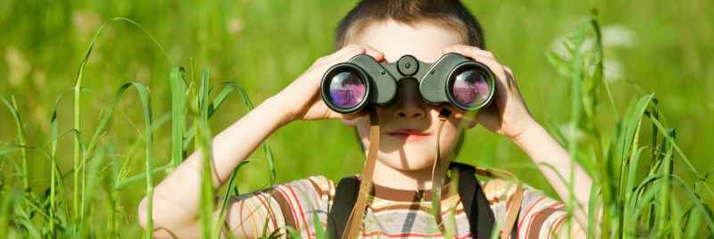 Niño mirando a través de binoculares en un campo
